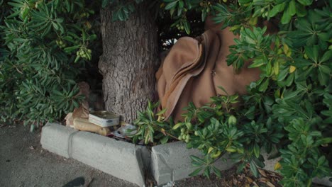close up wraparound of blanket and belongings of homeless person hidden by tree