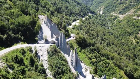 aerial view of the fascinating earth formations of the pyramids of euseigne, valais, switzerland.