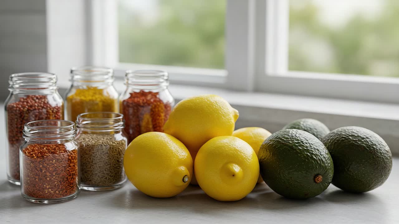 A Vibrant Display of Fresh Lemons and Avocados Alongside Colorful Spice Jars on a Sunlit Kitchen Counter, Perfect for Culinary Inspiration and Healthy Living