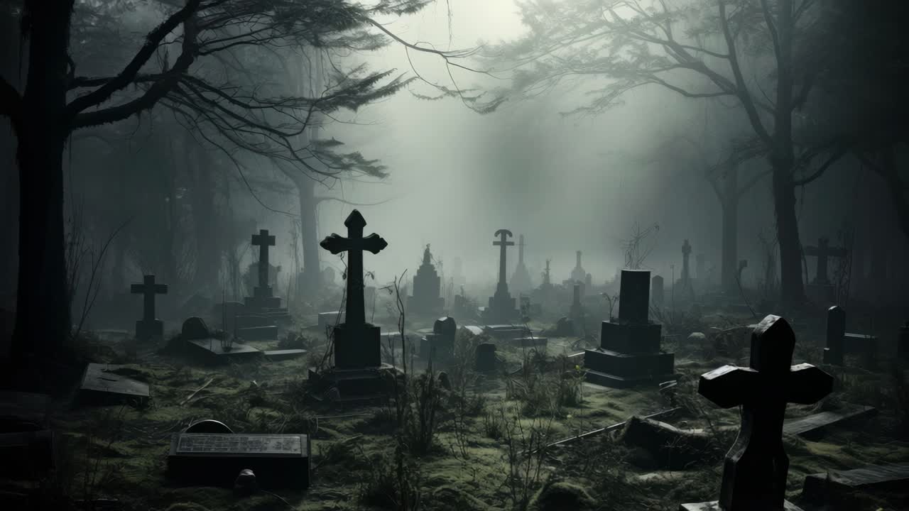 Eerie graveyard scene with fog and silhouetted trees video. Live desktop wallpaper