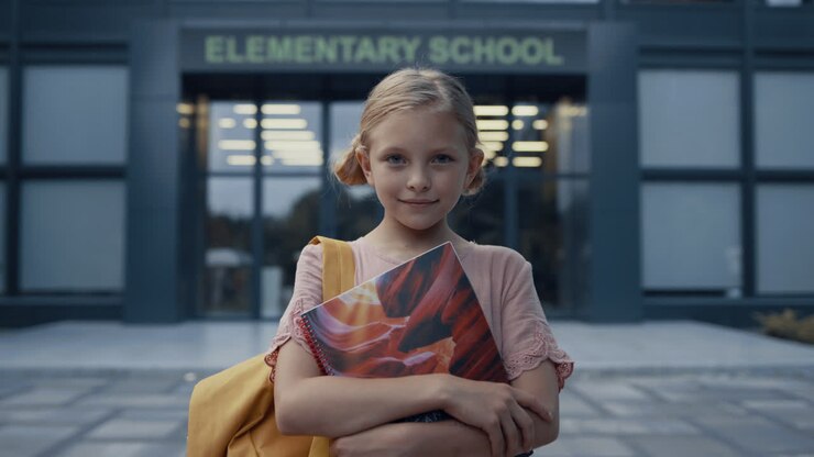 Elementary age girl holding books close up. Happy blonde child posing at campus.