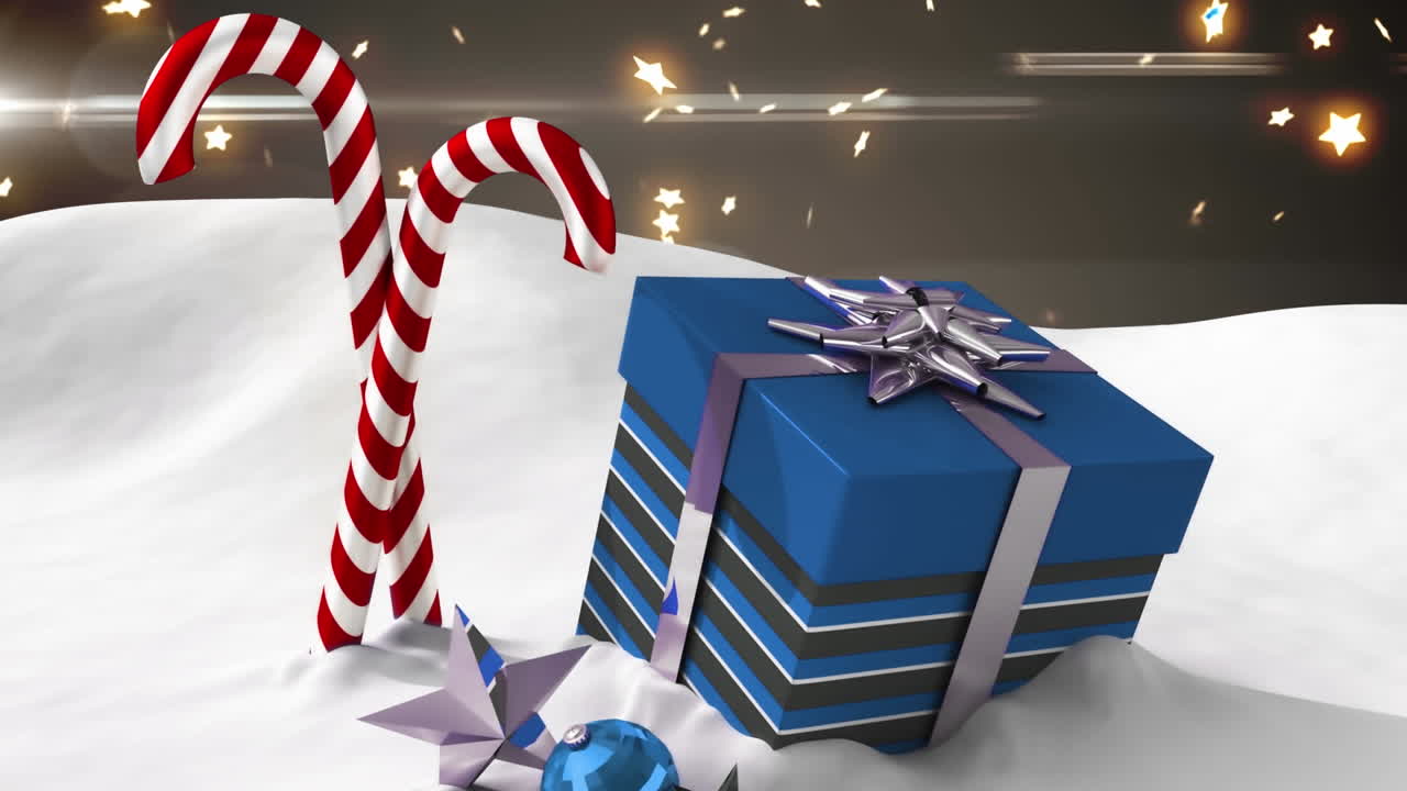 크리스마스 사탕 위에 내리는 눈의 애니메이션과 회색 배경에 있는 선물