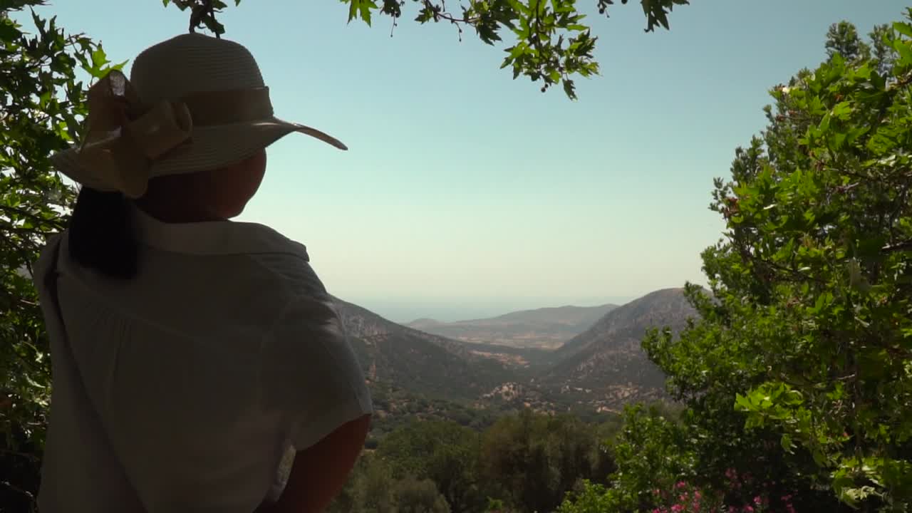 la parte de atrás de una chica sujetando un sombrero de verano mientras mira hacia el lejano paisaje montañoso enmarcado por árboles