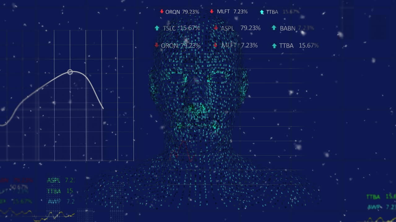 Animation of digital human and data processing on blue background