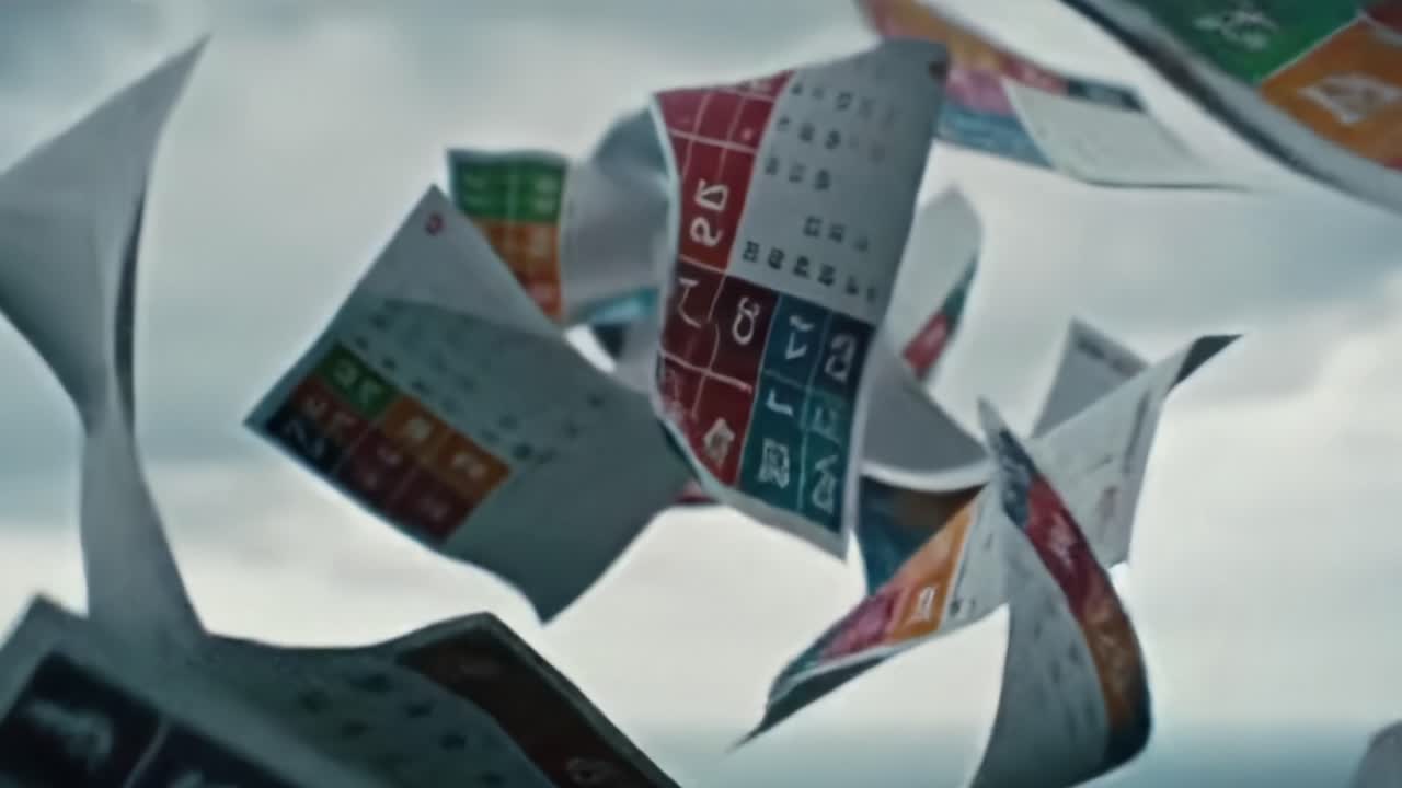 Caught in the Wind: Floating Papers Dance Through the Air, Reflecting Numbers and Colors Against a Gloomy Sky in a Dramatic Visual Display