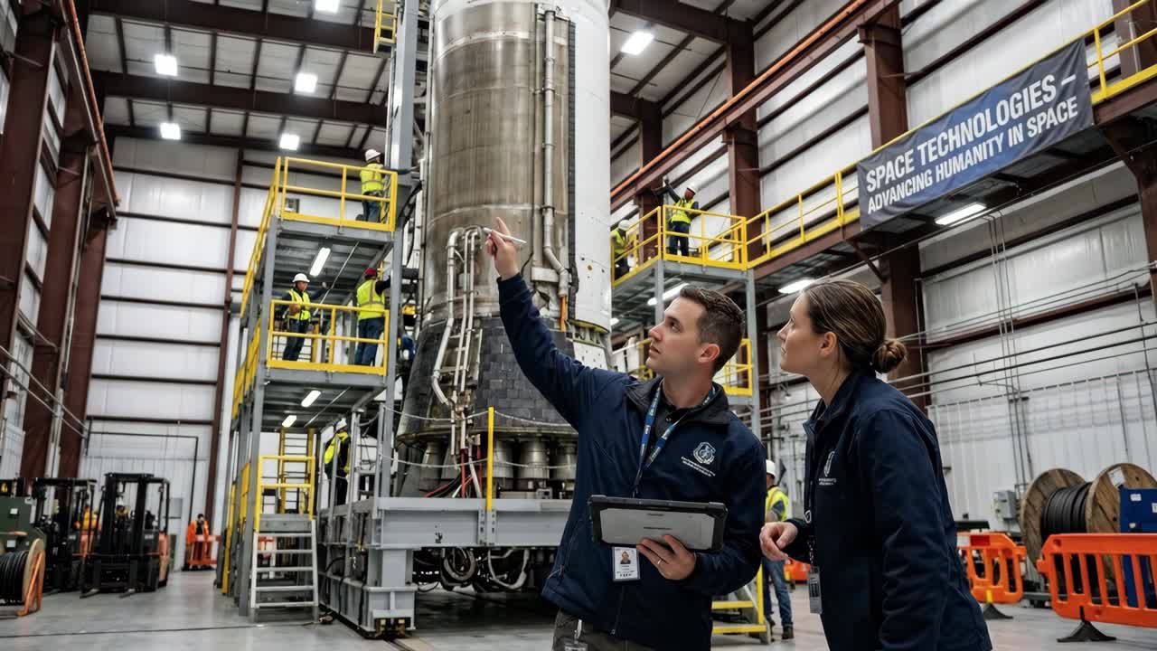 Engineers Discussing Rocket Assembly in a Space Technology Facility