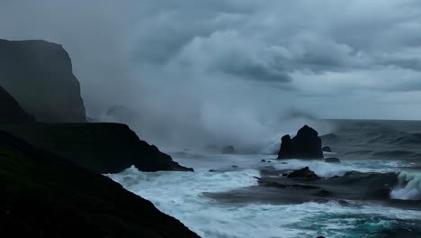 ocean waves crash violently against a rocky coastline on a stormy day, creating a powerful and dramatic seascape