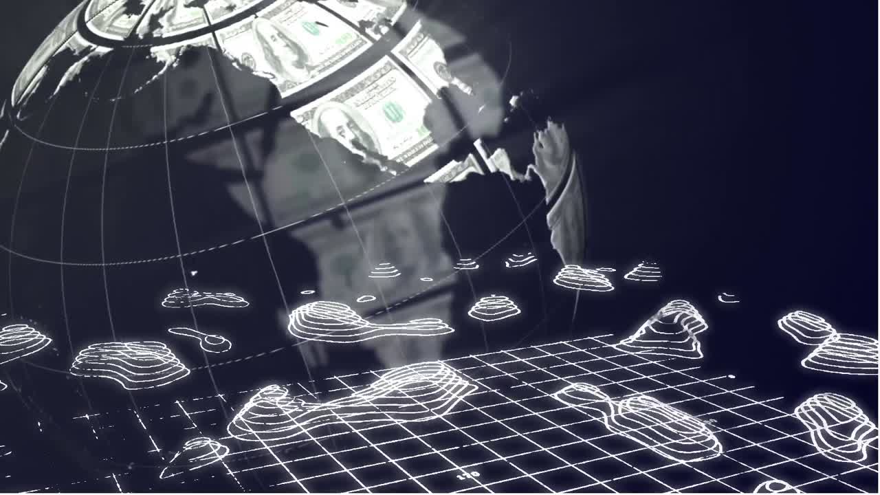 アメリカドル紙幣で作られた地球のアニメーションが 輪郭地図で回転しています