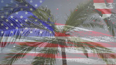 american flag with glitch effect against view of palm tree on the beach