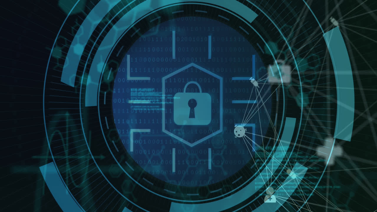 animación del icono del candado y procesamiento de datos a través de iconos de medios