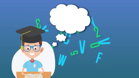School-boy-icon-against-multiple-changing-numbers-and-alphabets-on-blue-background