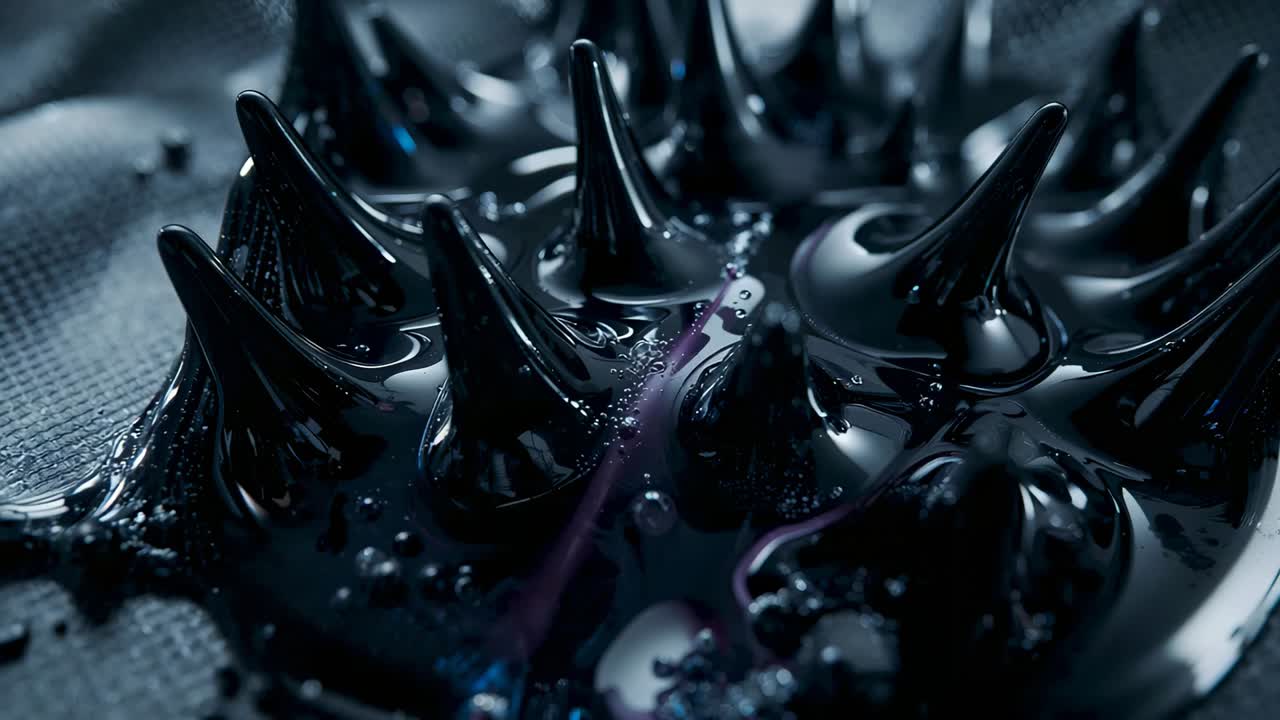 Activating magnetic field drawing ferrofluid into spikes on lab mesh platform showing color shifts