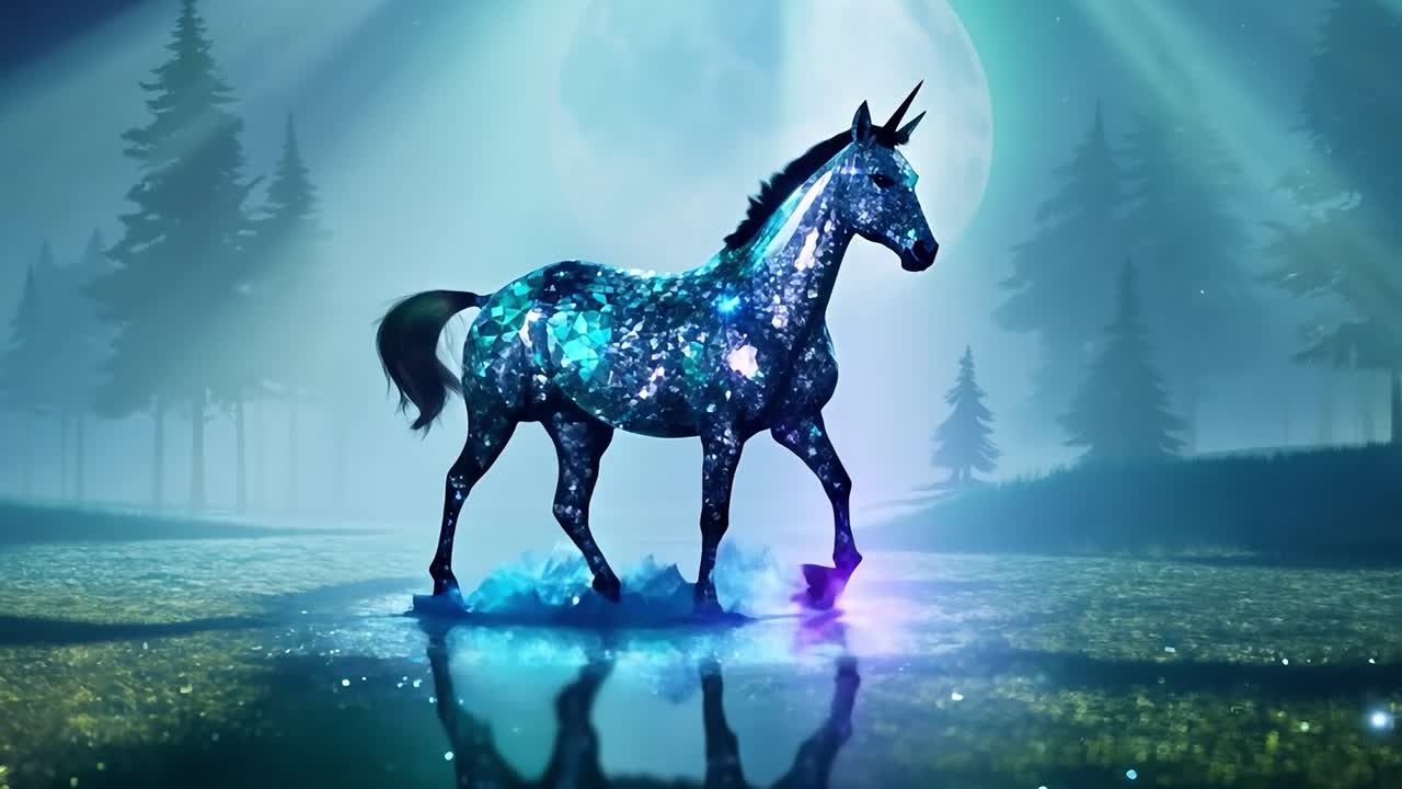 un unicornio mágico bajo una luna llena en un bosque