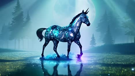 a magical unicorn under a full moon in a forest