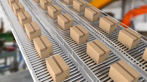 Animation-of-cardboard-boxes-moving-on-conveyor-belts-in-warehouse