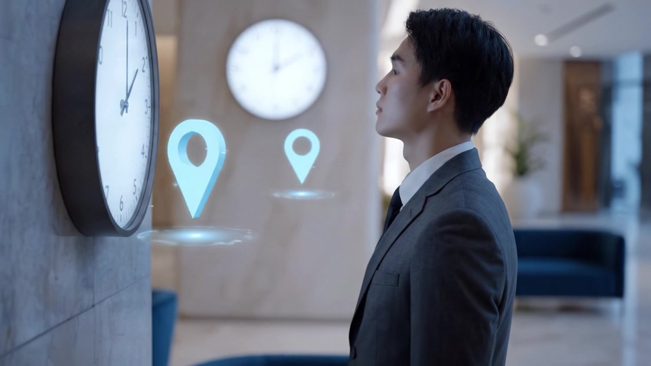 A Young Man in Formal Attire Observes a Wall Clock in a Modern, Elegant Lobby with Futuristic Elements Indicating Time and Location in a Professional Setting