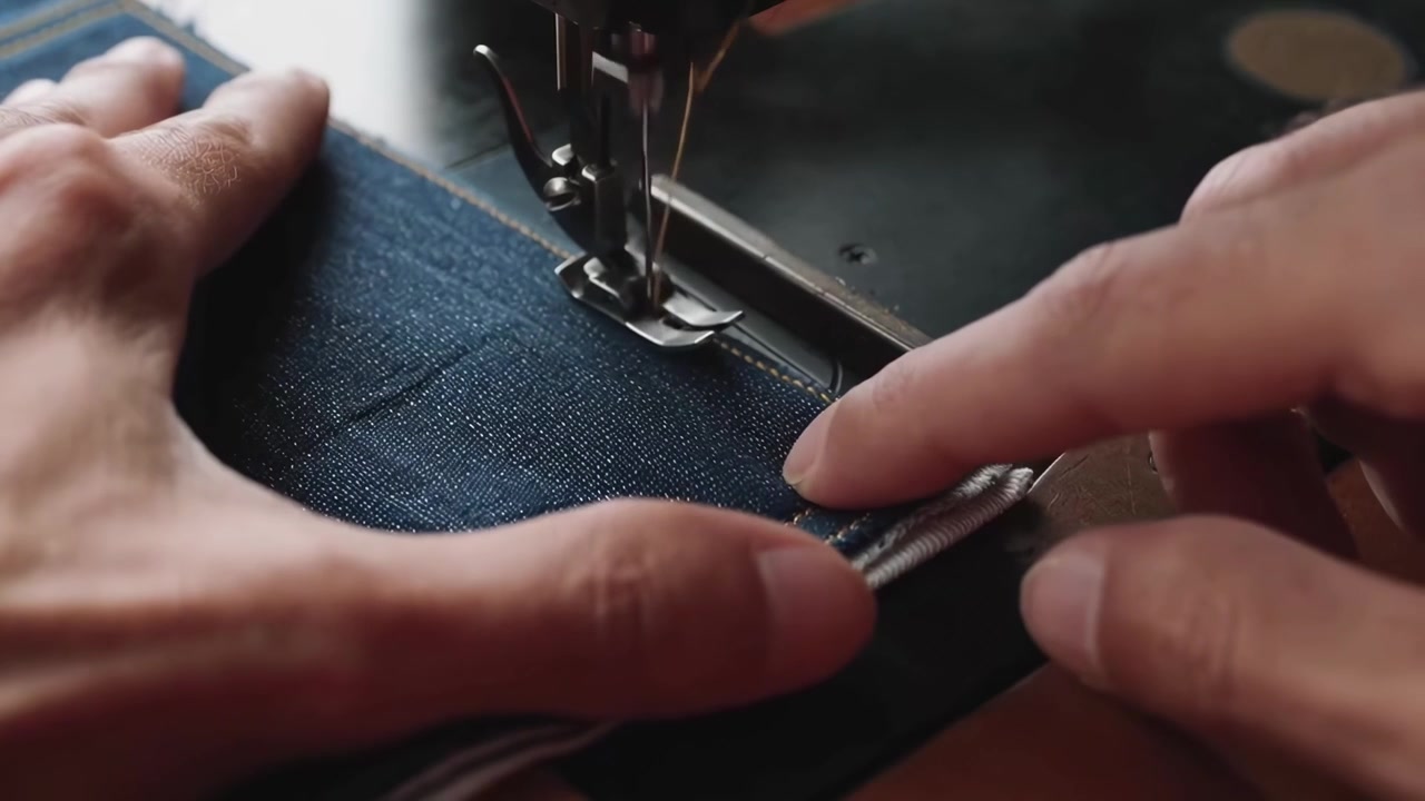 Detailed View of a Sewing Machine Stitching Denim Fabric with Yellow Thread