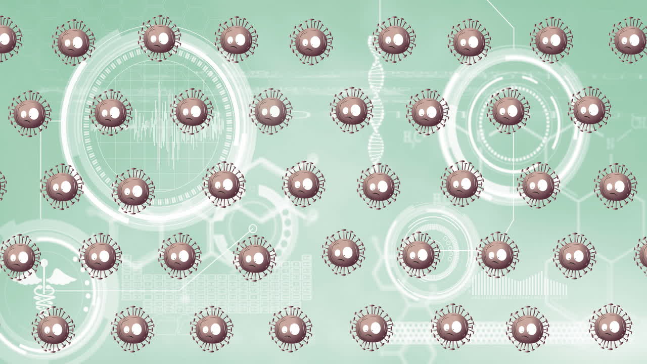 코로나 19 바이러스 세포를 움직이는 의료 아이콘의 애니메이션