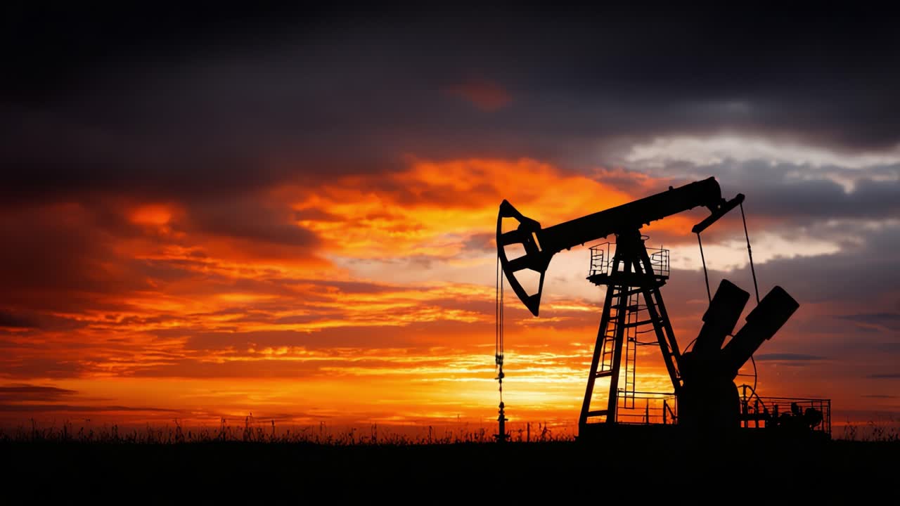 Una suggestiva silhouette al tramonto di una pompa di estrazione petrolifera contro un cielo infuocato, catturando l'essenza della produzione energetica e della bellezza naturale.
