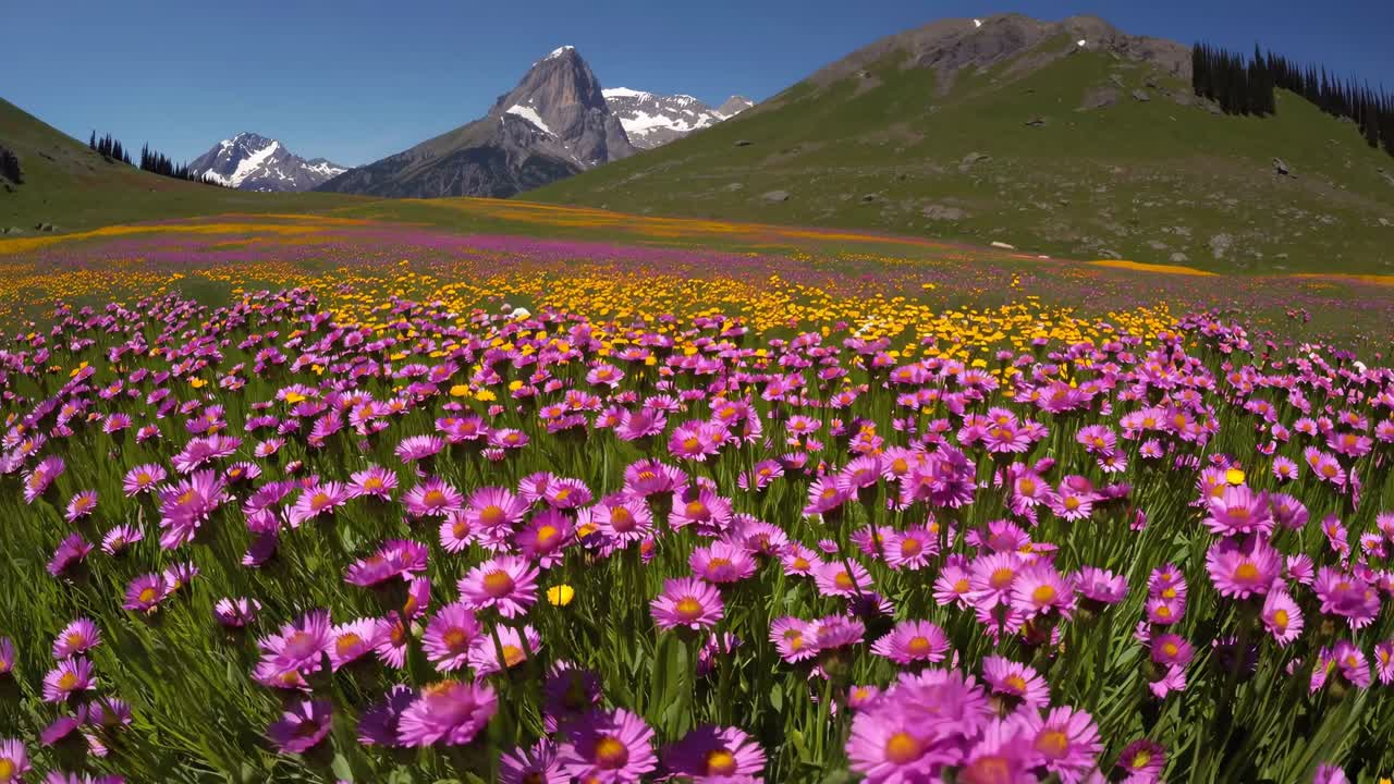 Levende villblomsteng under en klar blå himmel, fanget fra lav vinkel, som skaper en oppslukende følelse.