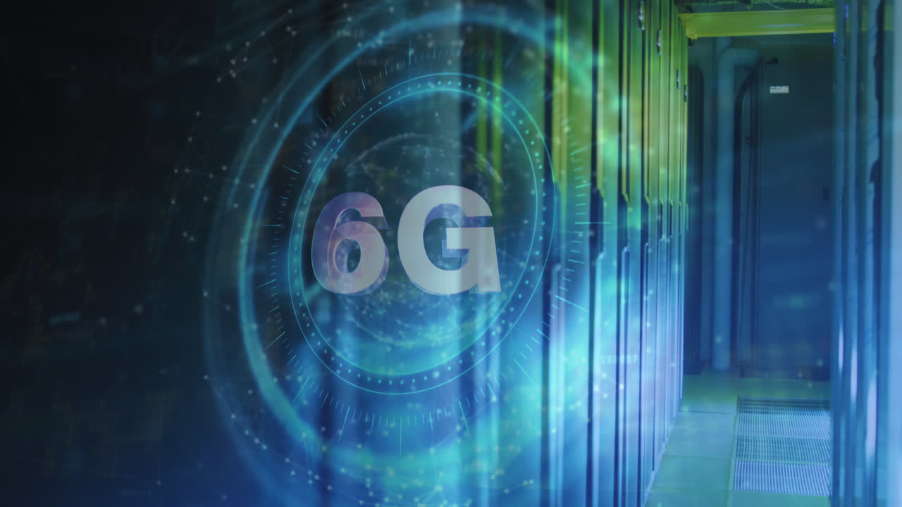 animación del símbolo 6g en la cerradura giratoria de la caja fuerte sobre la red de conexiones y la sala de servidores