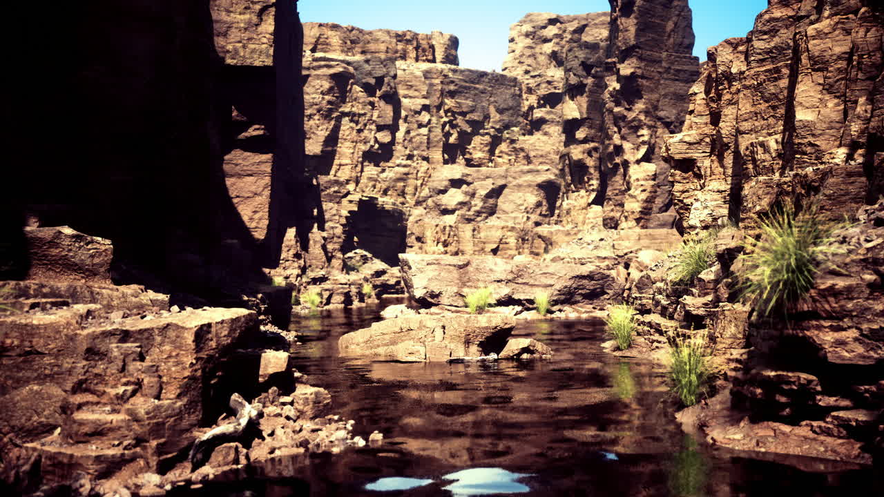 Majestic canyon with serene waters reflecting the clear blue sky