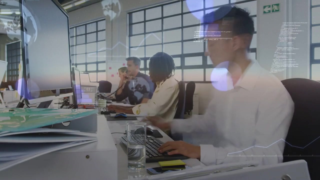 Office worker checking cell for review as peer leaning with tablet typing overlays animating screen