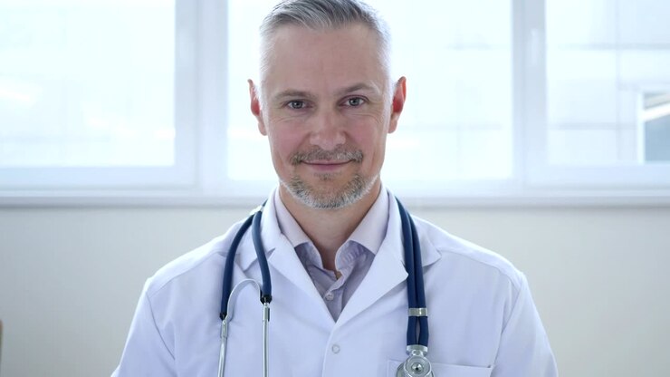 Daumen hoch von lächelndem, zuversichtlichem Arzt