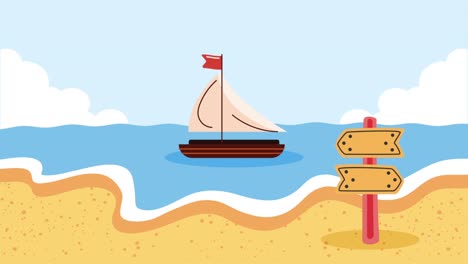 escena de playa con velero y señal de dirección