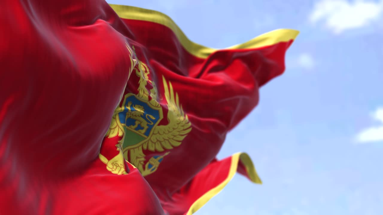 몬테네그로의 국기가 은 날 바람에 흔들리는 세부 사항.