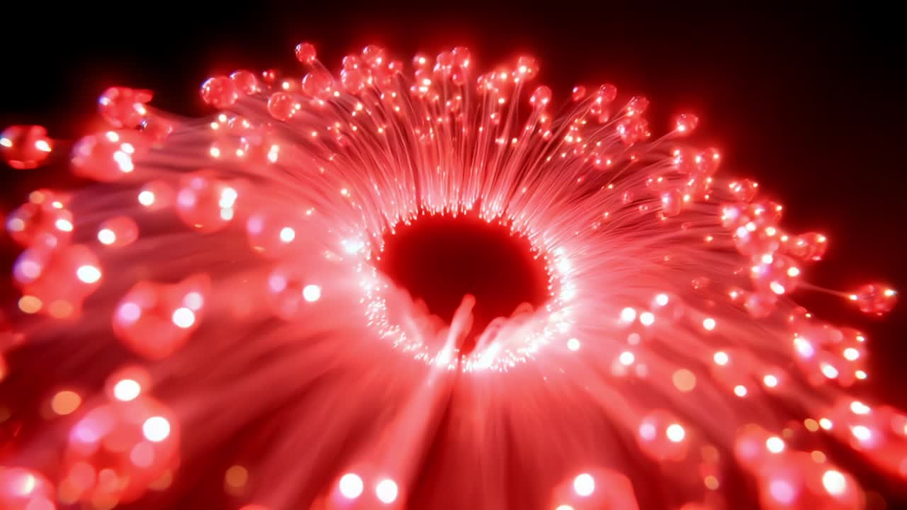 An Intricate Macro View of a Radiant Red Structure, Featuring Luminescent Fibers and Glowing Nodes, Capturing the Beauty and Complexity of Natural Patterns and Light in a Stunning Visual Display