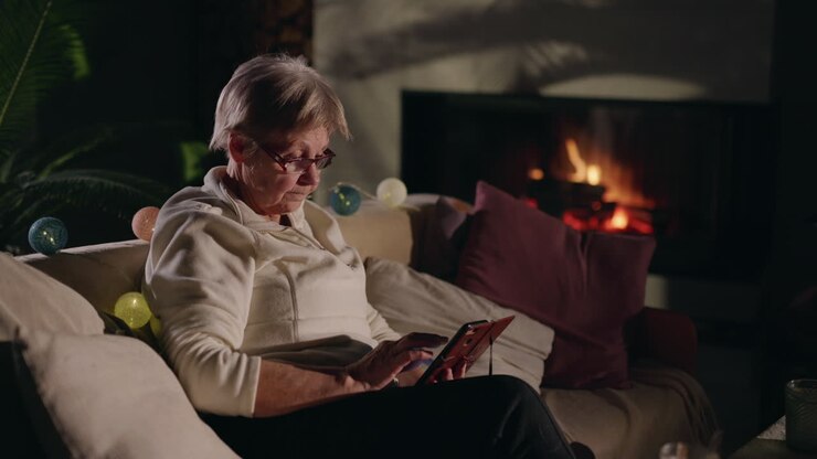 ältere frau mit smartphone am kamin mit hund