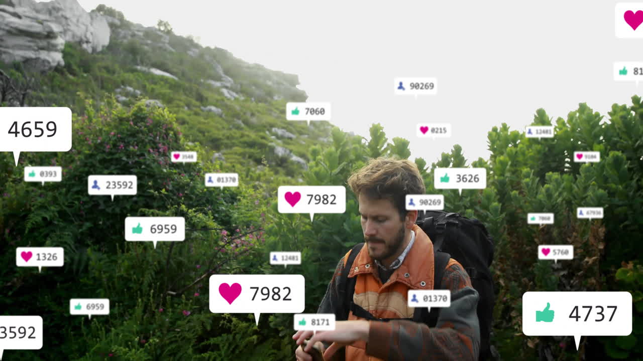 Hiking, checking smartwatch surrounded by social media likes and notifications animation