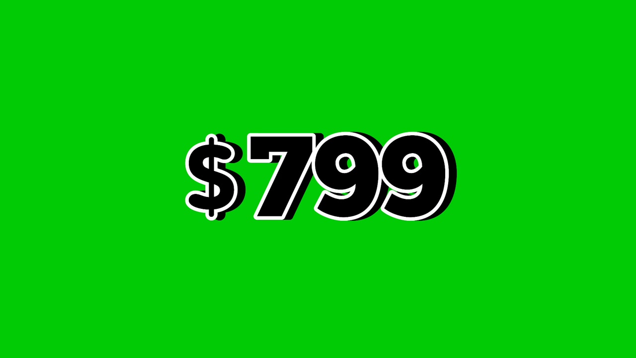 Etichetta prezzo animata da 799 dollari con grafica in movimento con effetti fumo su sfondo green screen. Perfetto per annunci, e-commerce, vendita al dettaglio, sconti e concetti di business promozionali come elemento video.
