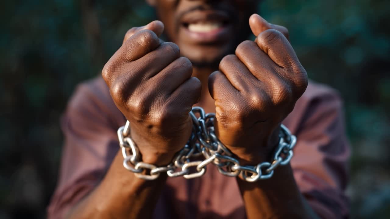 Primo piano di mani incatenate, pugni chiusi. Volto sfocato, espressione tesa, ribelle. La luce evidenzia gli anelli metallici sulla pelle. Simbolo di confinamento, lotta o resistenza. Da usare per commenti sociali