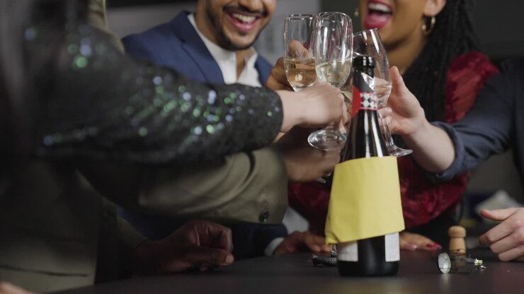 inquadratura dal basso di amici che tostano i loro drink durante le celebrazioni di capodanno