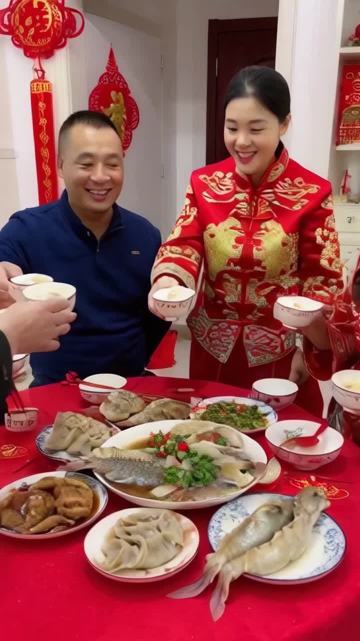 Adegan close-up sebuah keluarga Tionghoa yang dengan gembira merayakan Tahun Baru Imlek di sebuah makan malam meriah