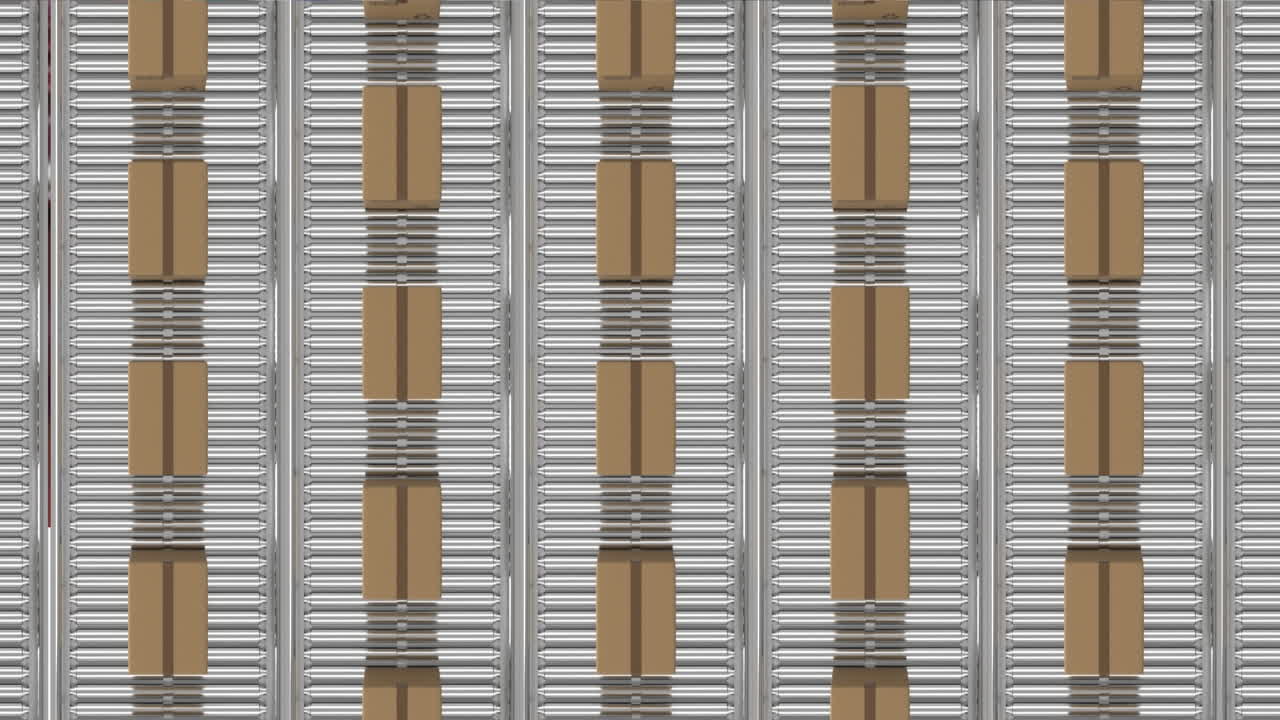 창고의 컨베이어 벨트에 있는 카드보드 상자의 애니메이션