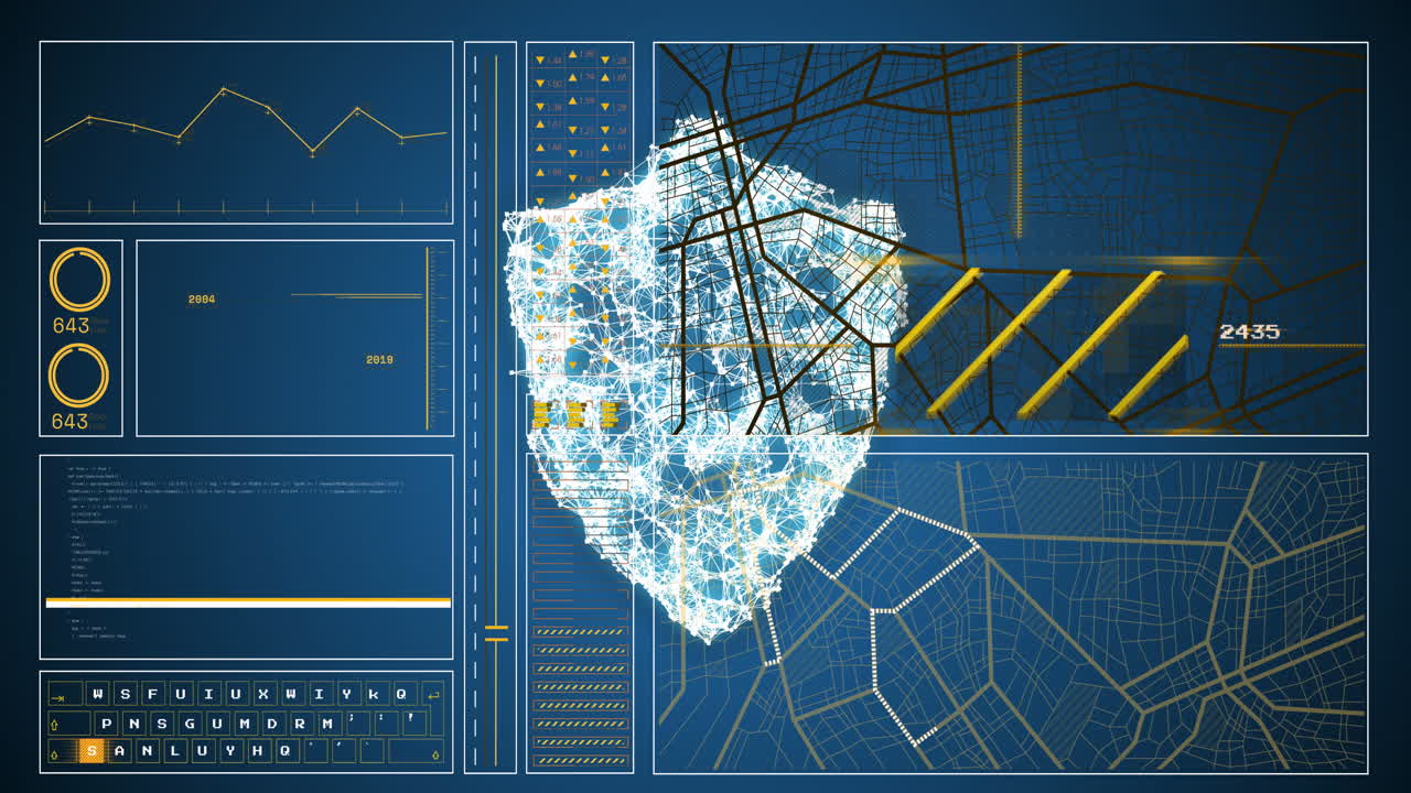 파란색 배경에 대한 보안 방패 아이콘 위의 데이터 처리 인터페이스의 애니메이션