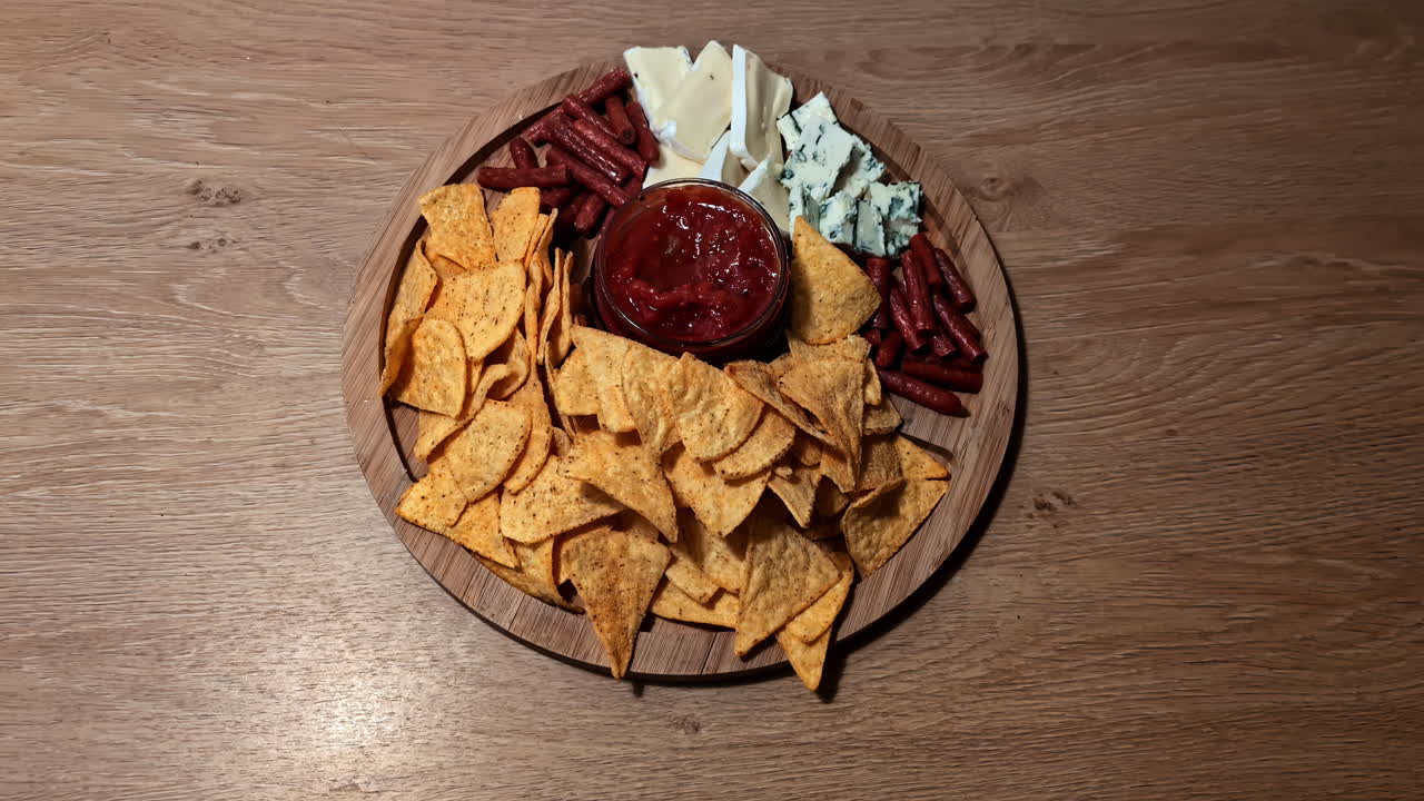 Hölzernes Servierbrett für Wurstwaren, Chips und Dips, gefüllt mit Snacks, Nachos und Käse.
