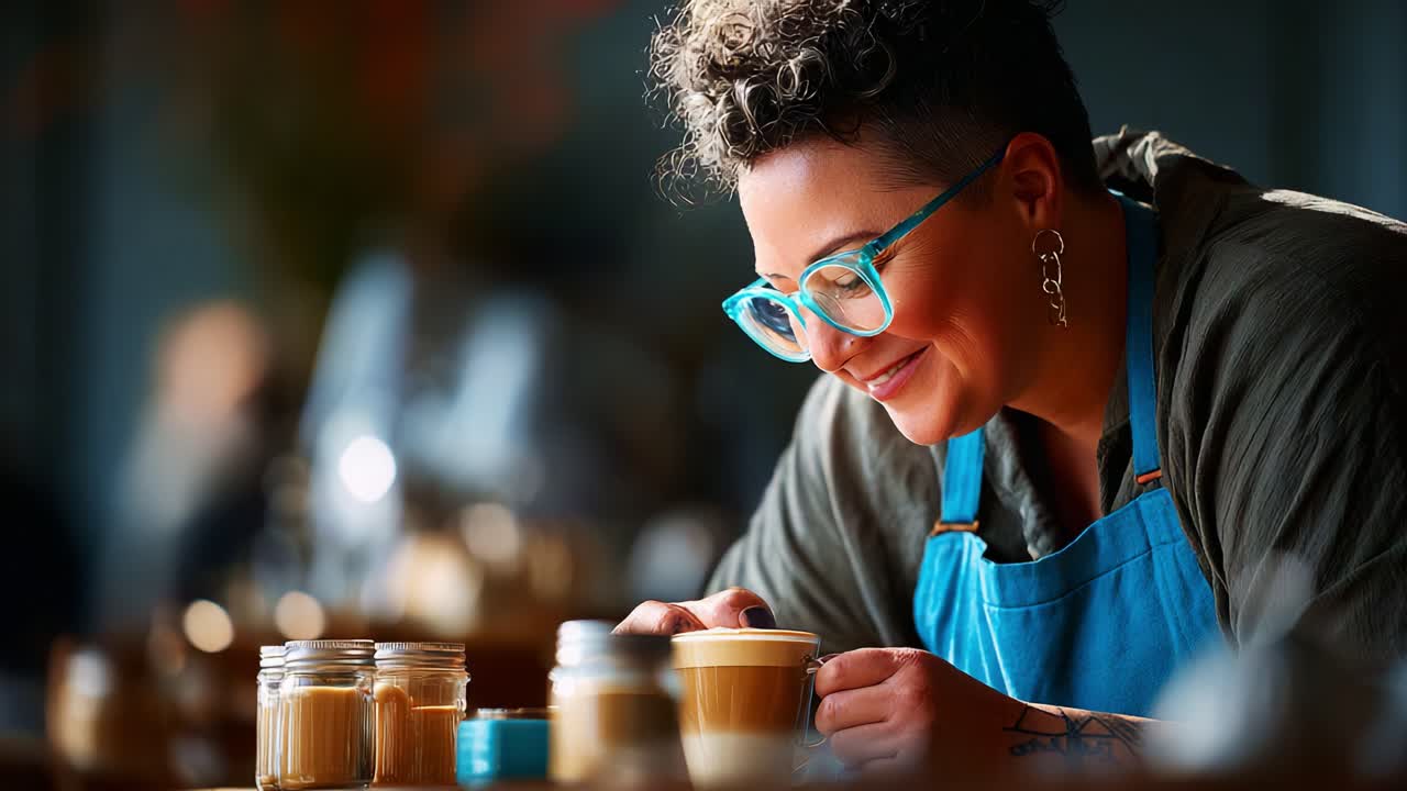 Un barista che prepara con entusiasmo caffè appena fatto nell'atmosfera accogliente di un bar, mostrando abilità artistica e passione nel creare bevande deliziose con calore e cura
