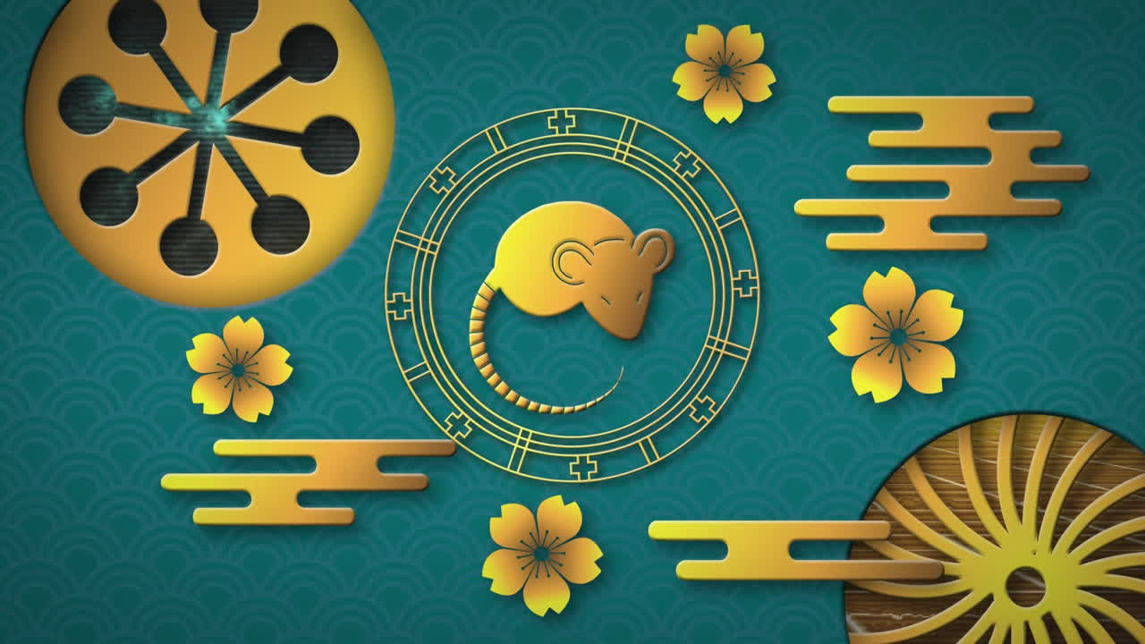 animación del símbolo de la rata china dorada sobre un fondo azul
