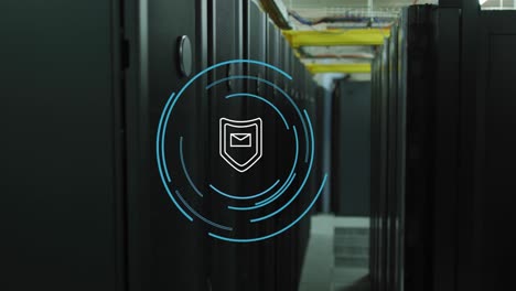 animation of security padlock and message icon over round scanner against computer server room