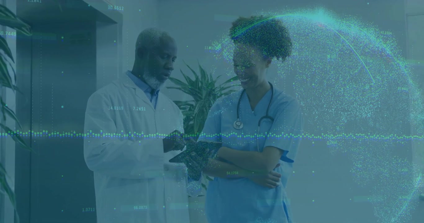 Doctor bringing tablet into view with nurse pointing, reviewing medical data with waveform globe