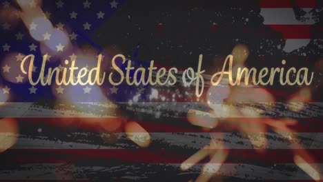 animation of glowing fireworks and united states of america text over american flag