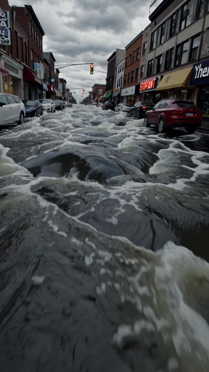 Calle urbana inundada con agua torrencial, coches parcialmente sumergidos.