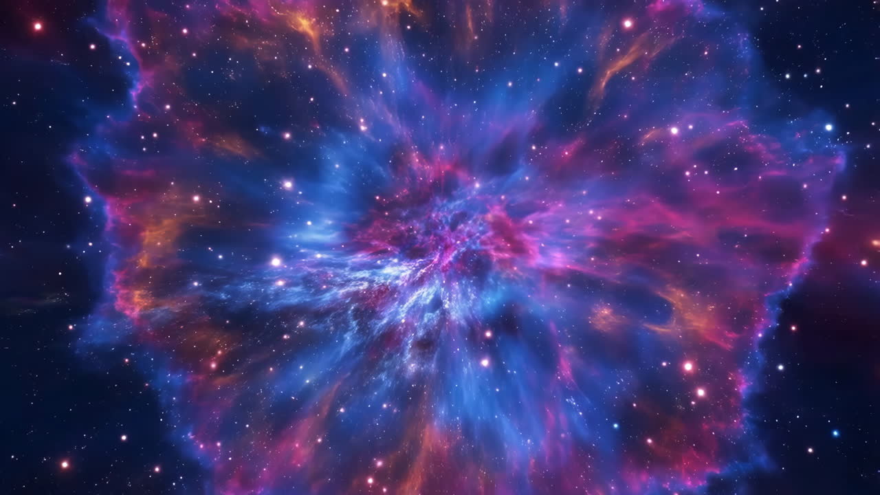 Levende tågeeksplosion af farverige skyer, massiv skyformation spreder lyserød og blå gas, stjernefrø