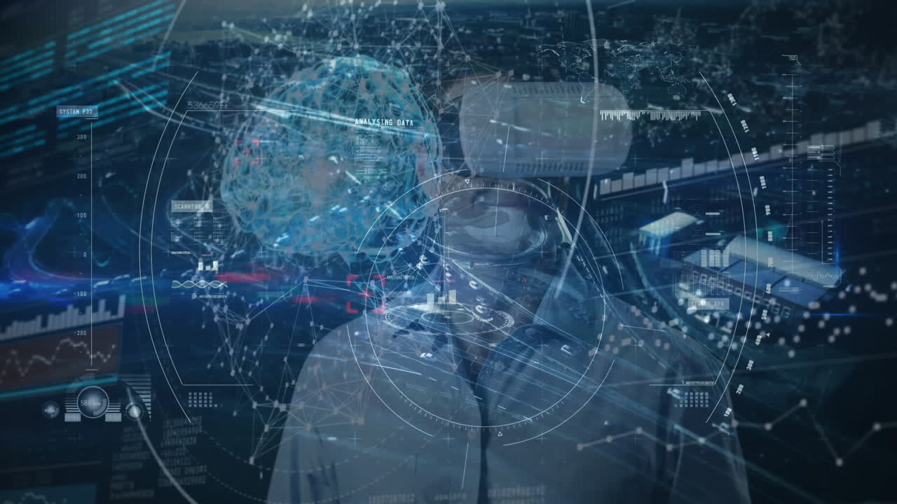 Animation of financial data processing over businessman wearing vr headsets