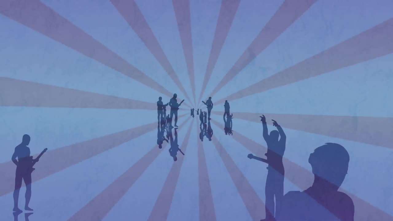 파란색 배경에 움직이는 여러 실루 ⁇ 의 애니메이션