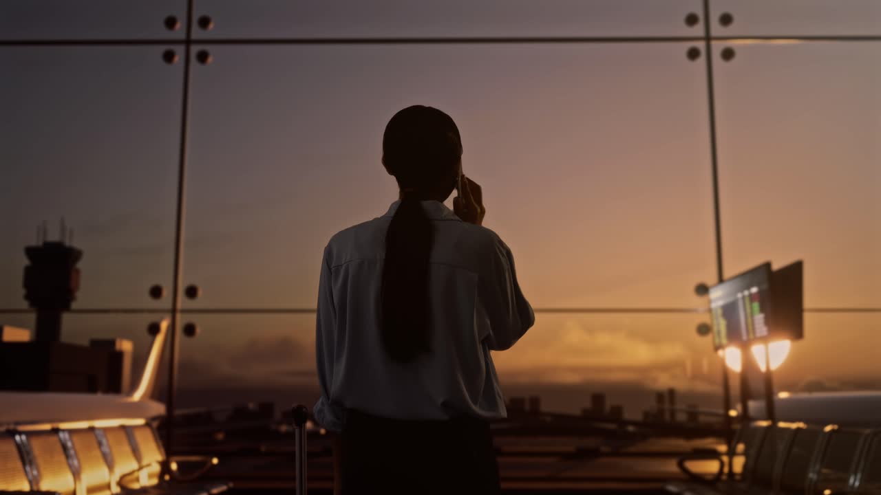 航空会社のハブのボーディングラウンジでスマートフォンで話しフライトを待っています空港ターミナルで飛行機が窓の外で離陸します